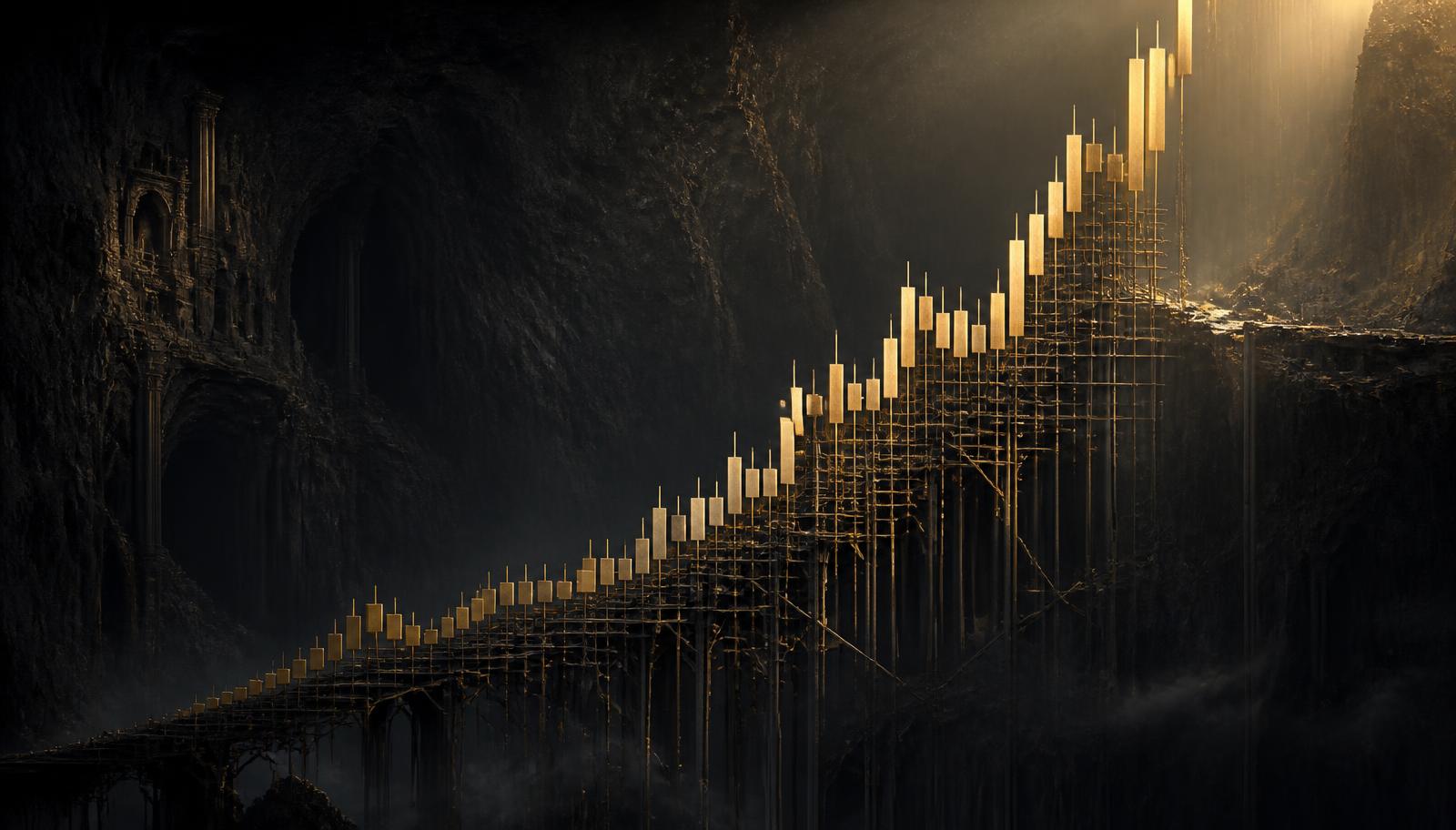 A steeply rising golden candlestick chart supported by fragile scaffolding above shadow