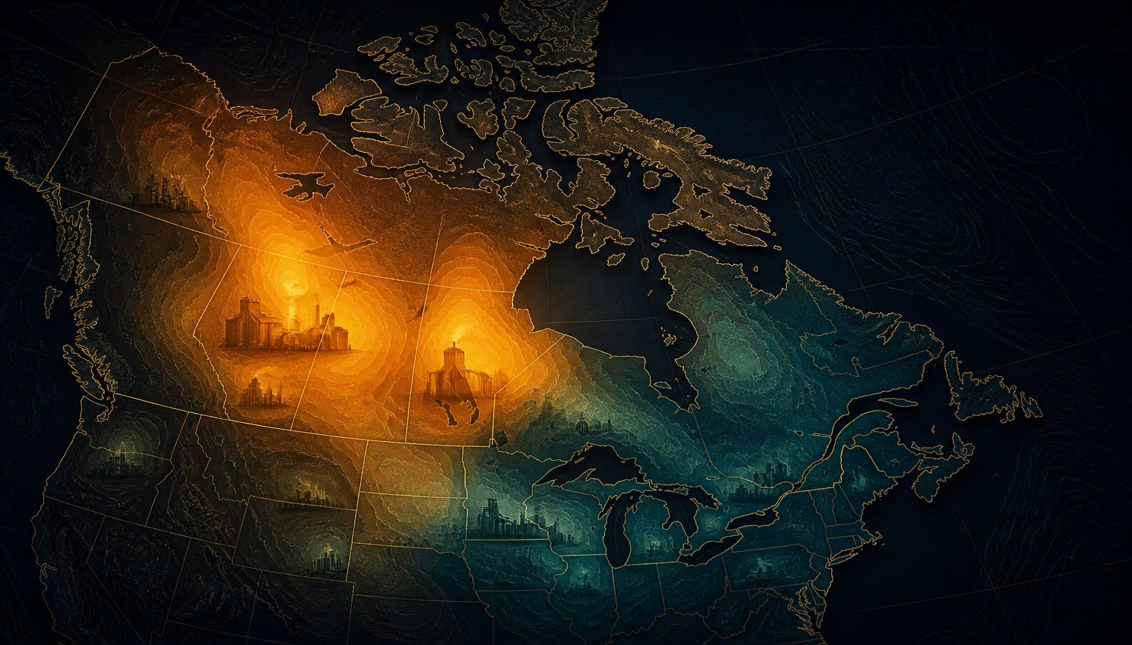 Abstract heat map of Canadian provinces and northern United States states showing concentrated exposure zones in amber and teal