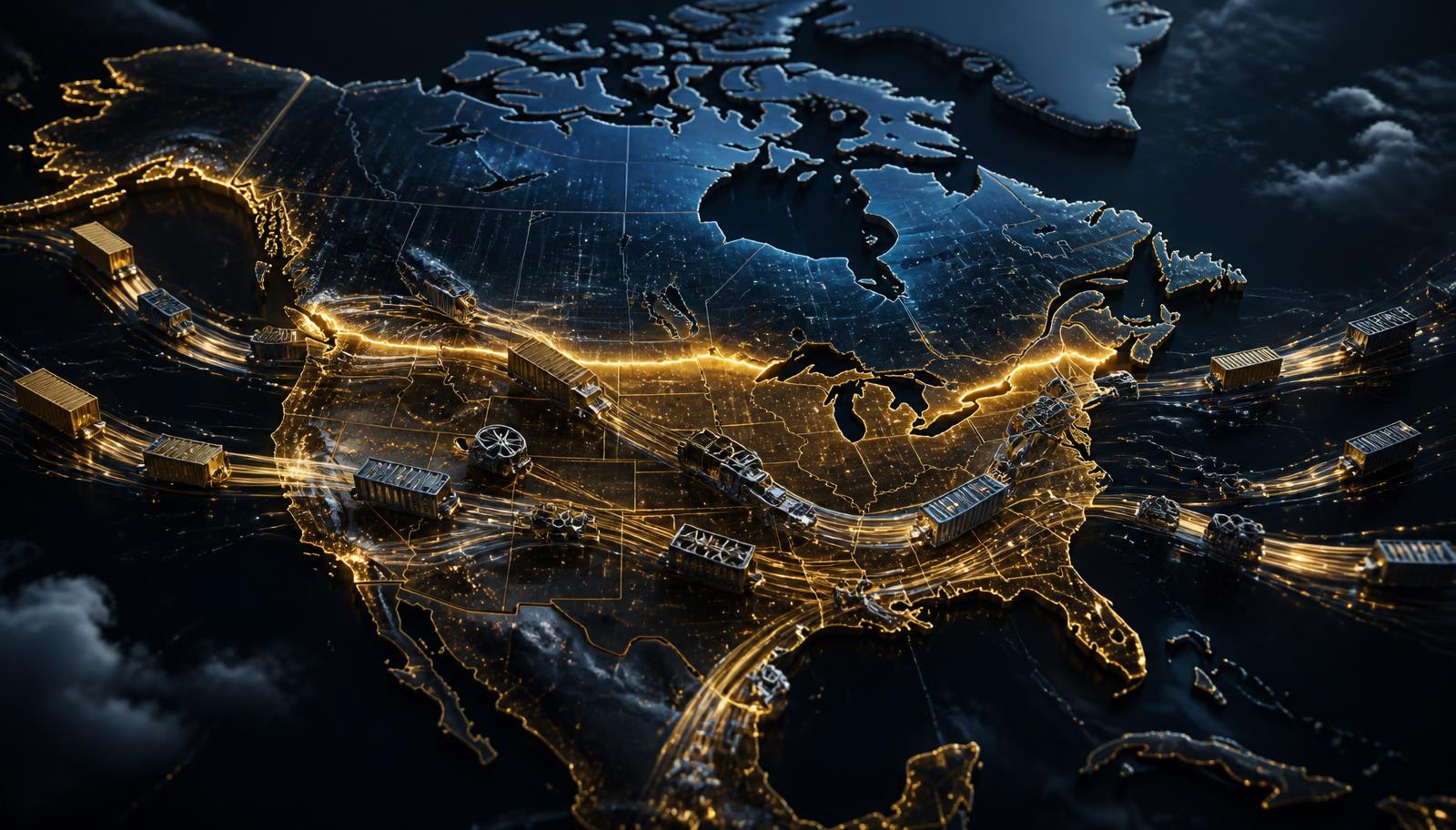 Illustrated North American map in navy and gold showing freight corridors converging on the Canada United States border