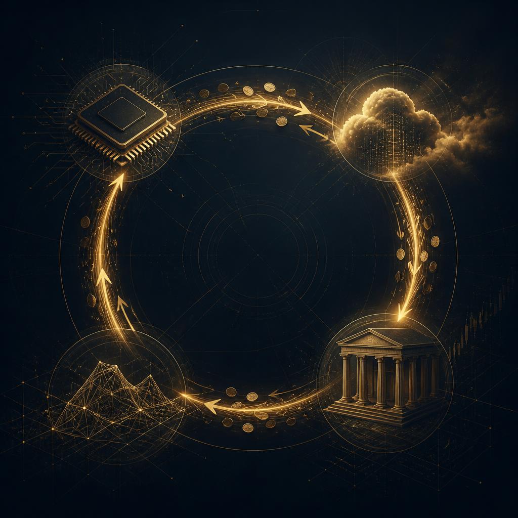 Abstract editorial illustration of capital flowing in a closed loop between a chip, a cloud, a bank and a neural mesh, navy and gold