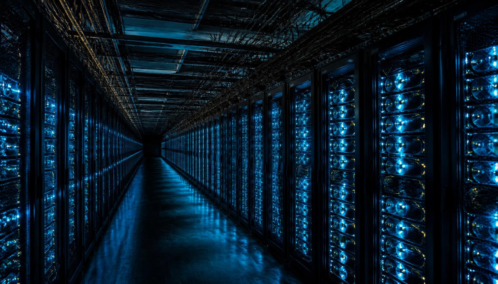 Dark data centre hall with rows of illuminated graphics processing racks receding into the distance