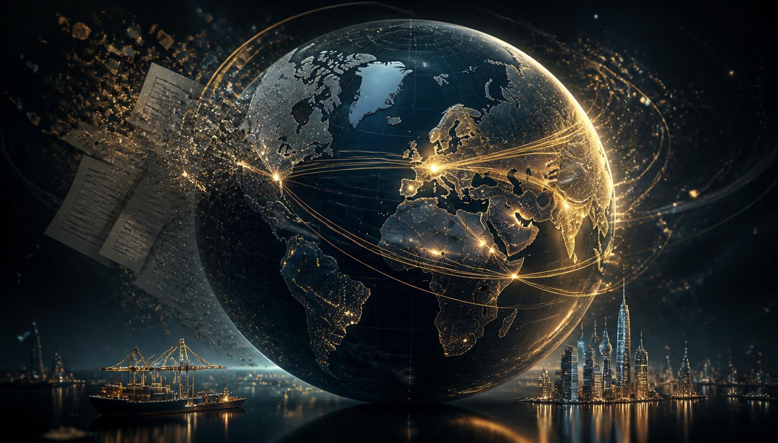 Translucent navy and gold globe with trade lanes rerouting away from North America toward Europe and Asia