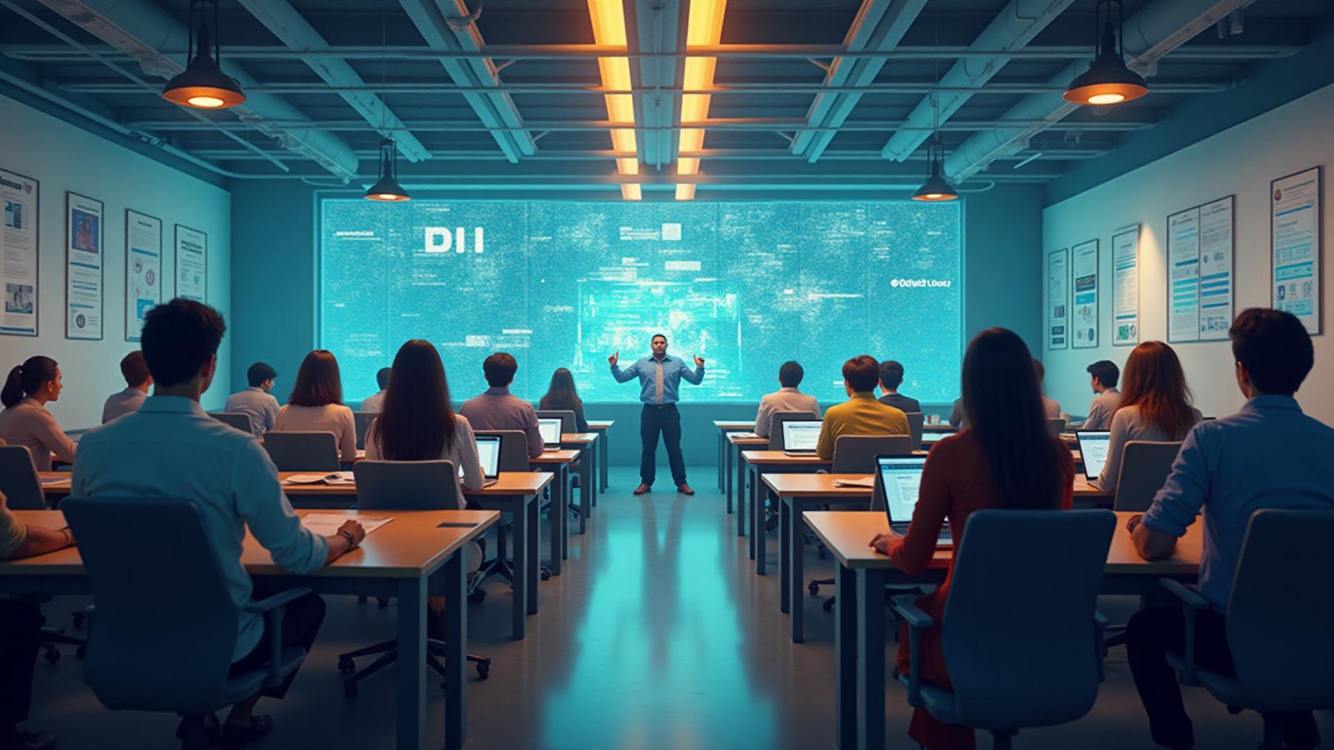 Students and professionals engaging with AI-powered learning platforms in a modern educational setting